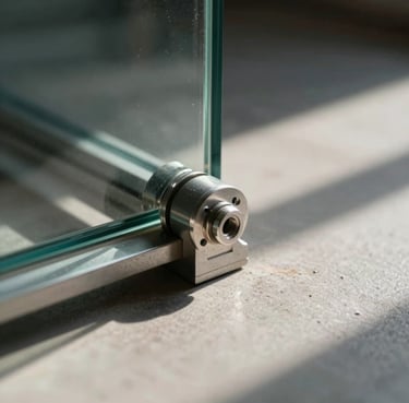 Extreme close-up of a structural steel spider fitting holding a double-glazed glass panel, sharp architectural shadows, harsh sunlight.