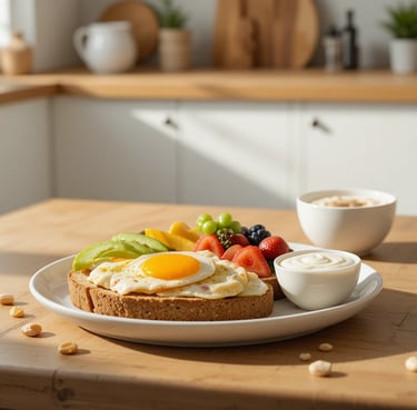 Desayuno equilibrado en macronutrientes con pan integral, huevos, aguacate, yogur y fruta fresca, id