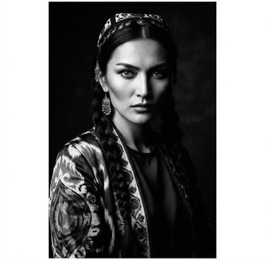 Dramatic high-contrast black and white portrait of an Uzbek model, sharp cinematic side-lighting, deep shadows, 85mm lens, editorial fashion composition.
