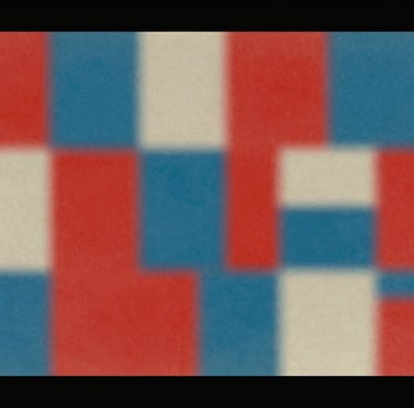 Collage of 1960s French magazine clippings, Pop Art style, red #D4202B and blue #0050B3 color washes, grainy texture, black #1A1A1A cinematic borders.