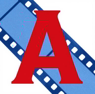 Large red #D4202B letter 'A' in bold condensed typography, overlapping with a blue #0050B3 film strip, halftone dot overlay, white background.