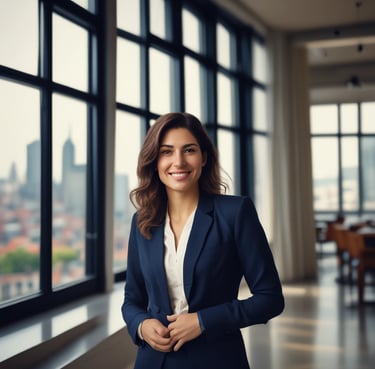 Portrait of a smiling middle-aged woman with short hair, professional attire, against a dark navy background.