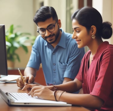 Smiling mother and son happily discussing college options on a laptop at home.
