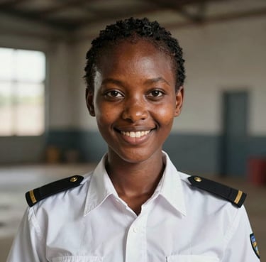 A close-up portrait of a young East African woman in a white pilot shirt with black epaulettes, smiling confidently with a blurred hangar background in Nairobi. The lighting is bright and professional.