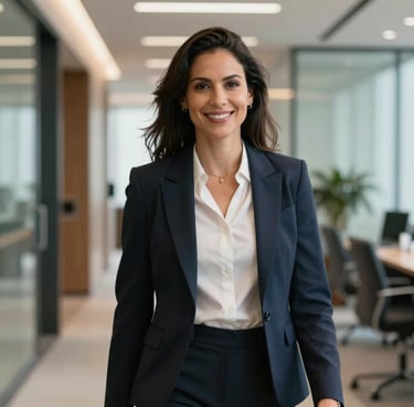 A professional Brazilian businesswoman in elegant corporate attire smiling in a modern office hallway, soft natural lighting, premium professional photography.