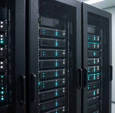 A close-up photograph of a clean, high-tech server rack inside a modern Mexican / Latin American secure data facility, featuring faint teal and white status lights, illustrating digital system integrity and protection.