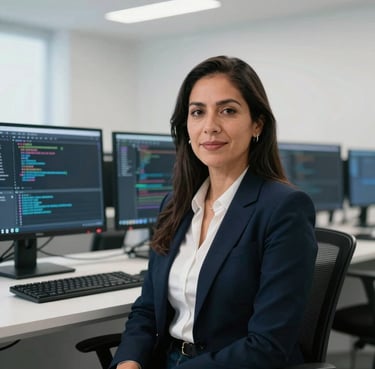 A professional portrait of a Mexican / Latin American female computer systems engineer and digital activist in her mid-thirties, sitting in a pristine, bright white Mexico City office with subtle glowing screens in the background showing complex computer code. Beautiful soft architectural lighting.
