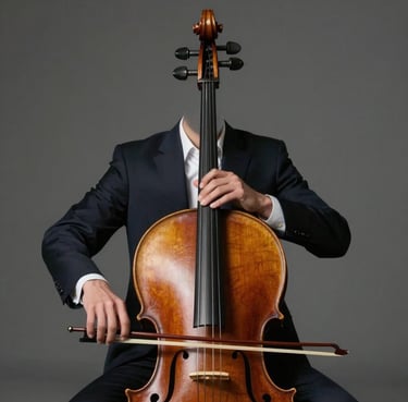 A portrait of a professional cellist in a deep dark suit holding a polished wooden cello, with soft lighting highlighting the chestnut wood grain.