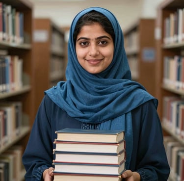 A professional portrait of a smiling female student from Pakistan, wearing a steel blue headscarf, holding a stack of books in front of a blurred university library background.