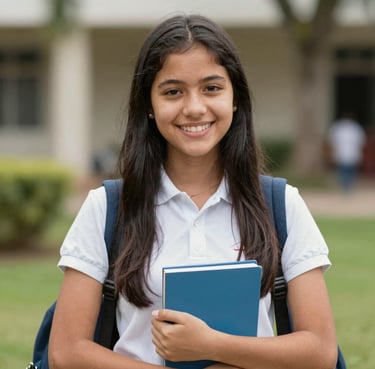 Smiling student holding a math workbook with colorful notes in a bright tutoring studio.