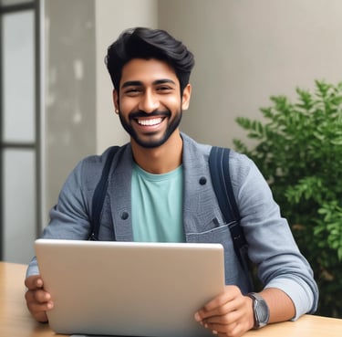 Photo of a smiling man holding his repaired laptop in a clean, modern repair shop.