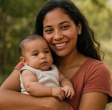 A mother gently holding her baby, both smiling softly in a softly lit room.