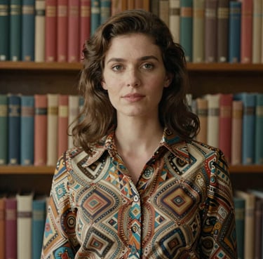 A portrait of a creative woman in a 1970s style patterned blouse, standing in a European / French library with colorful vintage books, soft cinematic lighting, photography.