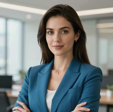 Portrait of a confident female marketing executive in a professional teal blue blazer, clean office background with soft lighting.