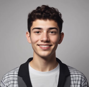 Portrait of a smiling man in a creative studio setting with camera equipment in the background.