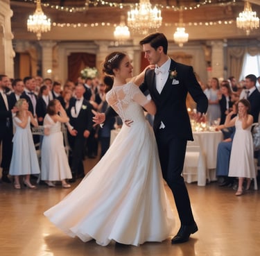 A joyful couple dancing at their wedding reception with DJ Cosmic in the background.
