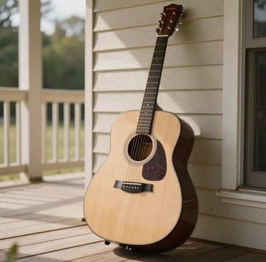 Nostalgic close-up of an acoustic guitar case sitting on a sun-drenched wooden porch of a North American / US cabin, soft focus with warm cream and sand tones.