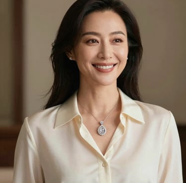 A portrait of a sophisticated woman smiling warmly, wearing an elegant cream-colored silk blouse and a delicate, bespoke diamond pendant. Soft, natural lighting.