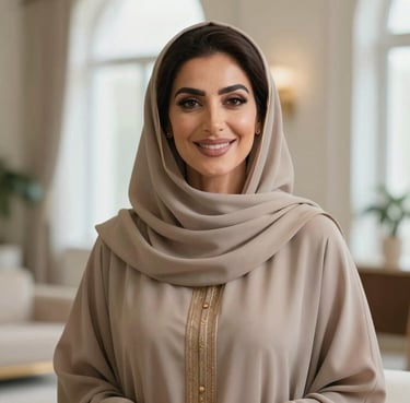 A portrait of a serene Middle Eastern / Gulf woman in elegant modest attire, smiling confidently in a brightly lit, sophisticated indoor environment.