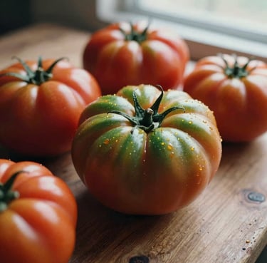Warm close-up editorial photography of fresh heirloom tomatoes on a rustic wooden table, soft natural window light, deep crimson and forest green tones, shallow depth of field, 35mm film look