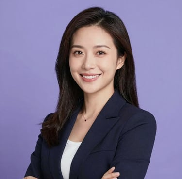 Professional headshot of a female entrepreneur (30-35 years old) smiling confidently, studio lighting, soft purple background.