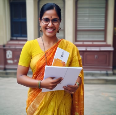A smiling female teacher reviewing a digital report card on a tablet.