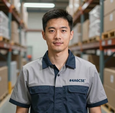 Professional portrait of a male logistics partner in a clean warehouse environment, soft lighting, wearing professional attire with subtle #4A6C5B brand accents.