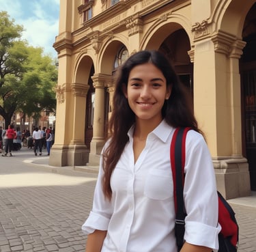 Portrait of a happy young Latin American woman smiling outdoors in Spain.