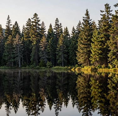A wide angle photograph of a calm forest lake reflecting tall evergreen trees, North American / US wilderness at sunrise, serene and immersive.