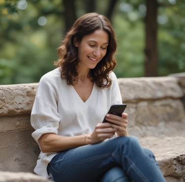 A peaceful woman holding the e-book, smiling softly in a cozy room.