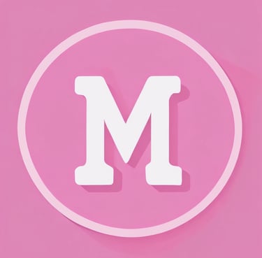 A pink circular icon featuring a white uppercase letter M in the center.