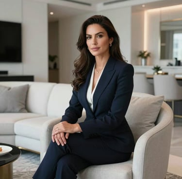 A sophisticated professional woman in elegant attire sitting in a modern North American / Miamian luxury living room with white and gray decor, exuding confidence and style.