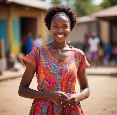Portrait d’une femme souriante dans un cadre communautaire dynamique