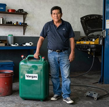 A satisfied customer shaking hands with a SJR Diesel representative in a warehouse filled with diesel engine parts.