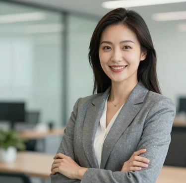 A professional portrait of a female executive in business attire, looking confident and smiling. The background is a blurred office setting with hints of #8BA89D green. High-end corporate photography style.