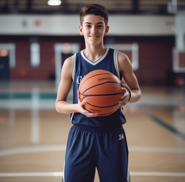 A focused middle school basketball player practicing a game-based drill on the court.