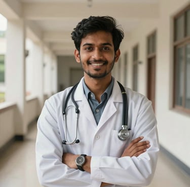 A portrait of a confident young South Asian / Indian medical student wearing a white lab coat and a stethoscope, smiling in a bright, modern university corridor.