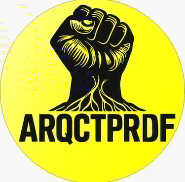 A yellow circular logo featuring a black raised fist with roots and the text ARQCTPRDF.