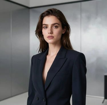 A professional portrait of a young woman with a creative, confident expression. She is wearing a dark navy blazer and stands in a modern, well-lit studio environment with silver cloud grey walls.