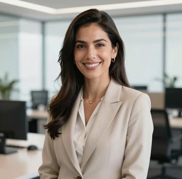 A portrait of a smiling woman in professional attire, in a bright, modern South American / Peruvian office setting, minimalist and elegant style.