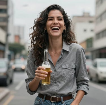 A candid portrait of a woman laughing while holding a beer in a South American / Brazilian urban hub, wearing modern casual clothes, soft mist grey lighting.