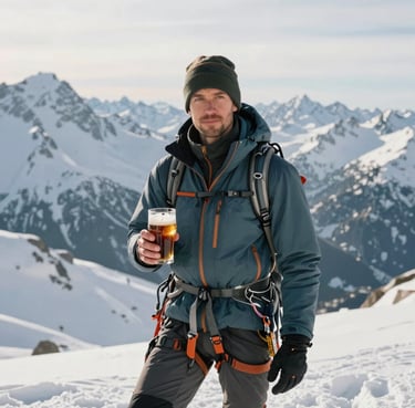 A portrait of a male mountaineer in professional gear, holding a glass of dark beer against a backdrop of soft snow white mountains.