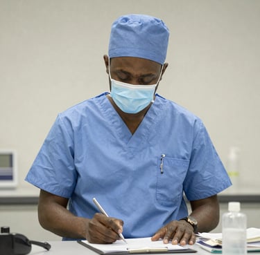 A smiling healthcare professional reviewing AI-generated patient data on a tablet in a bright clinic.