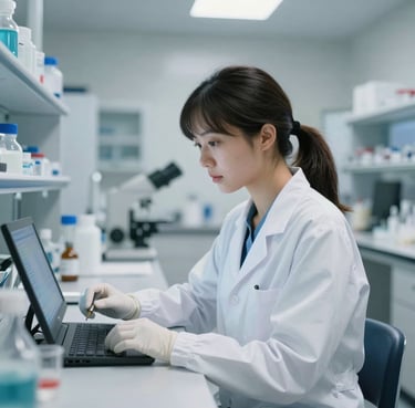 A portrait of a professional female scientist in clinical lab attire looking at data in a bright, modern North American / US research lab with steel blue and soft grey accents.