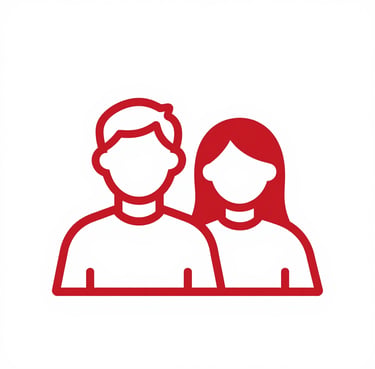red minimalist outline icon of two people silhouettes representing a community or user group.