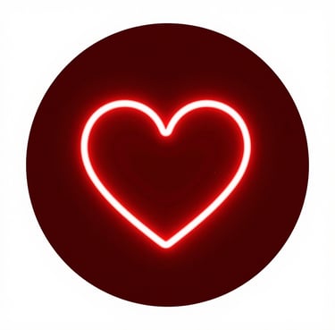 A red neon heart outline icon centered on a dark black circular background.