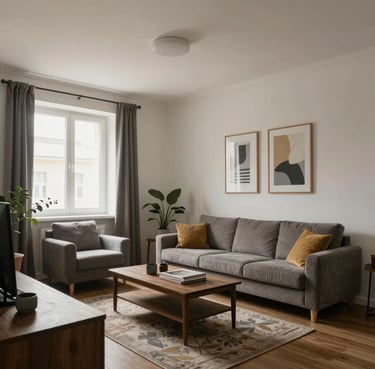 A bright, freshly painted living room with soft natural tones and clean edges, bathed in warm sunlight.