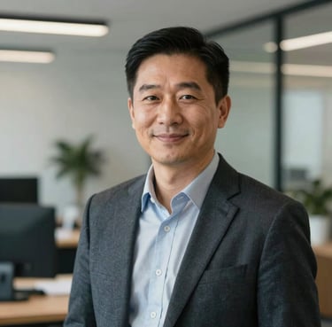 Portrait photography of a professional person in a modern North American office setting, smiling subtly, soft professional lighting.