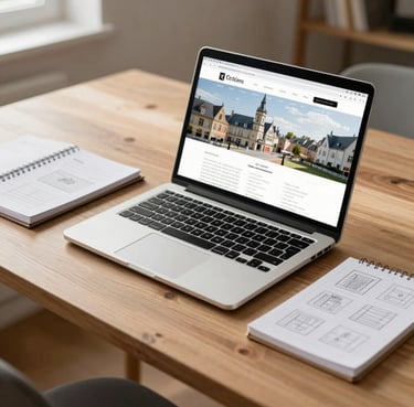 Soft natural daylight illuminating a modern wooden desk in Orléans, a laptop displaying a clean website layout, a notebook with hand-drawn wireframes nearby, warm and human atmosphere