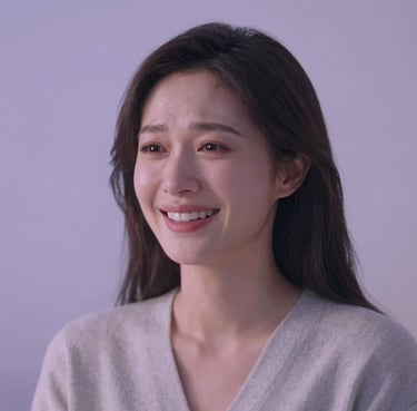 A portrait of a woman looking emotional and happy, soft cinematic lighting, palette of soft lavender and ethereal pale mist.